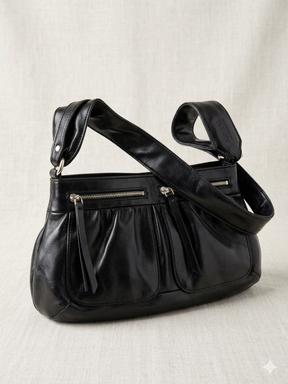 Axcess Black Leather Pleated Shoulder Bag with Silver Hardware